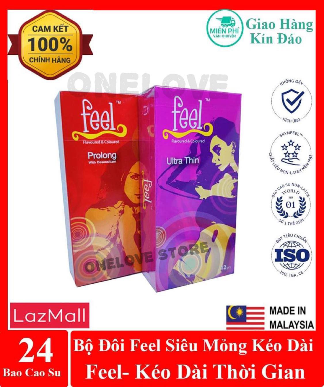 Bộ Đôi Bao cao su Feel Ultra Thin Siêu Mỏng - Prolong Kéo dài thời gian quan hệ 24 cái