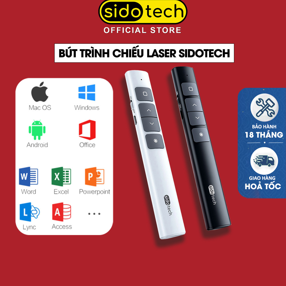 Bút trình chiếu slide powerpoint SIDOTECH không dây bút thuyết trình laser pin sạc hỗ trợ báo pin hộ điều khiển từ xa 100m có thể lật trang bật tắt tác vụ chuyển cửa sổ chuyên nghiệp - Hàng chính hãng