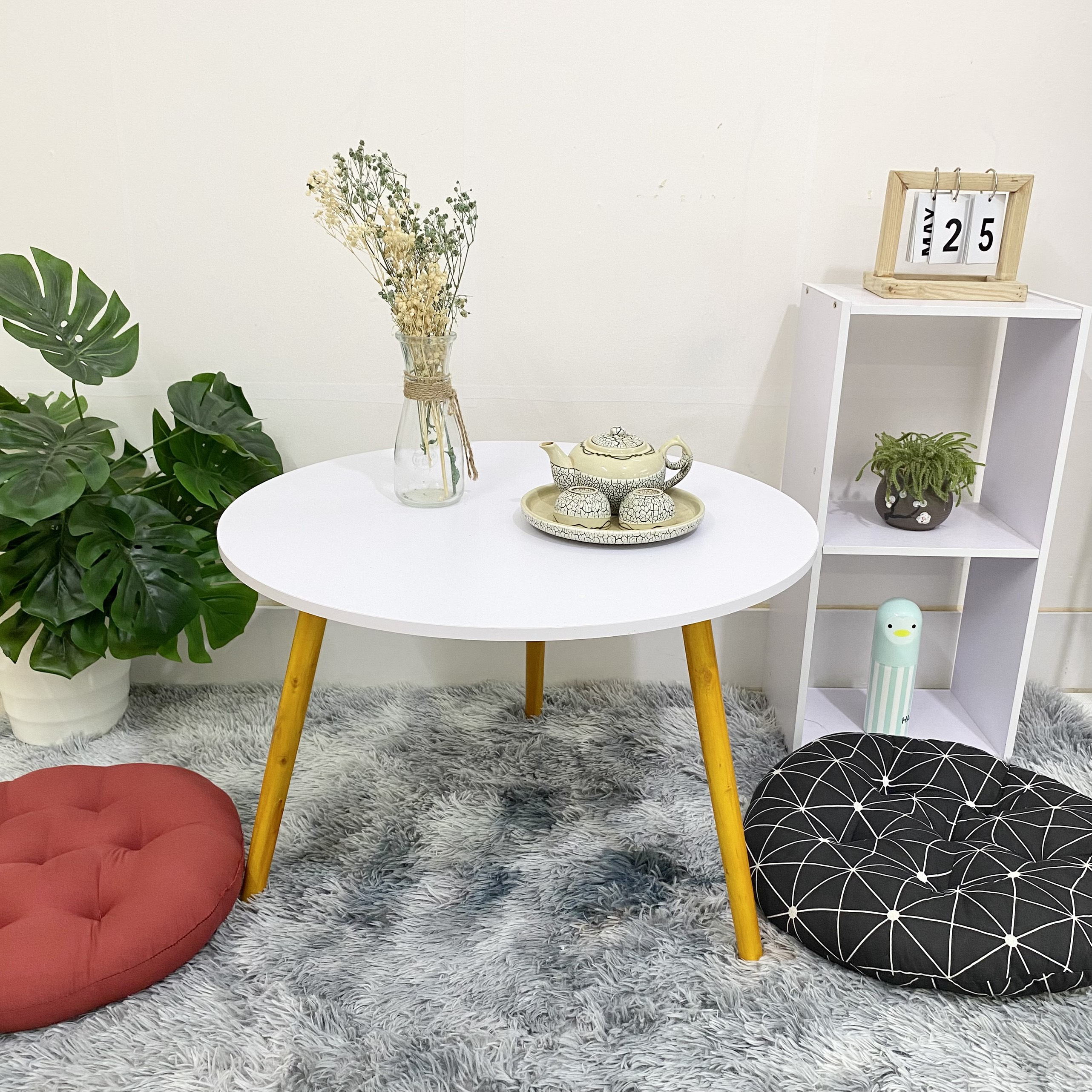 Bàn tròn, bàn trà sofa bệt 60cm chân gỗ cao 39cm, bàn decor nhà cửa xinh xắn, làm bàn ăn, bàn học (mặt bàn dày 1,2cm)