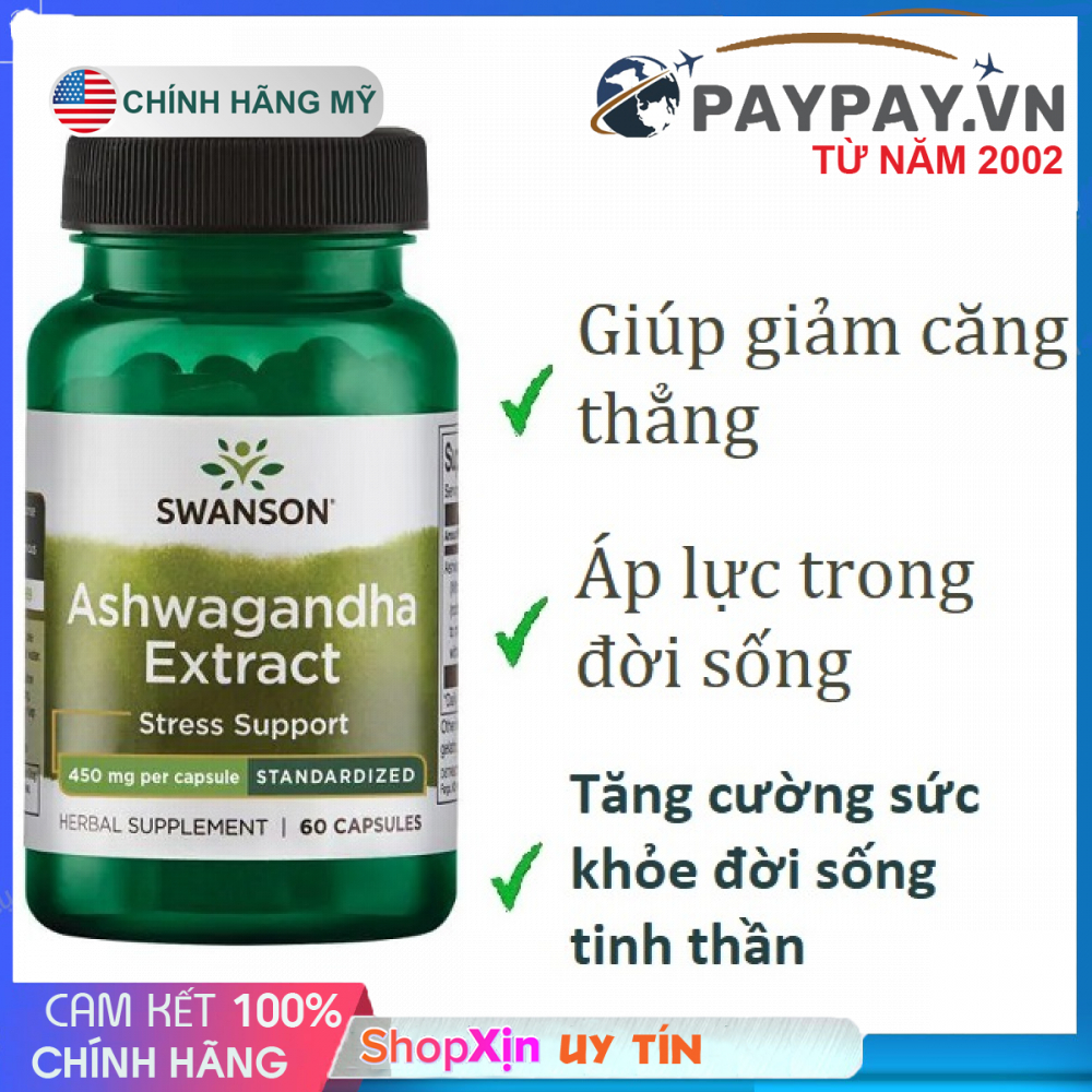 Viên uống nhân sâm Ấn Độ giúp giảm căng thẳng lo âu hỗ trợ tuyến giáp tuyến thượng thận Swanson Ashwagandha