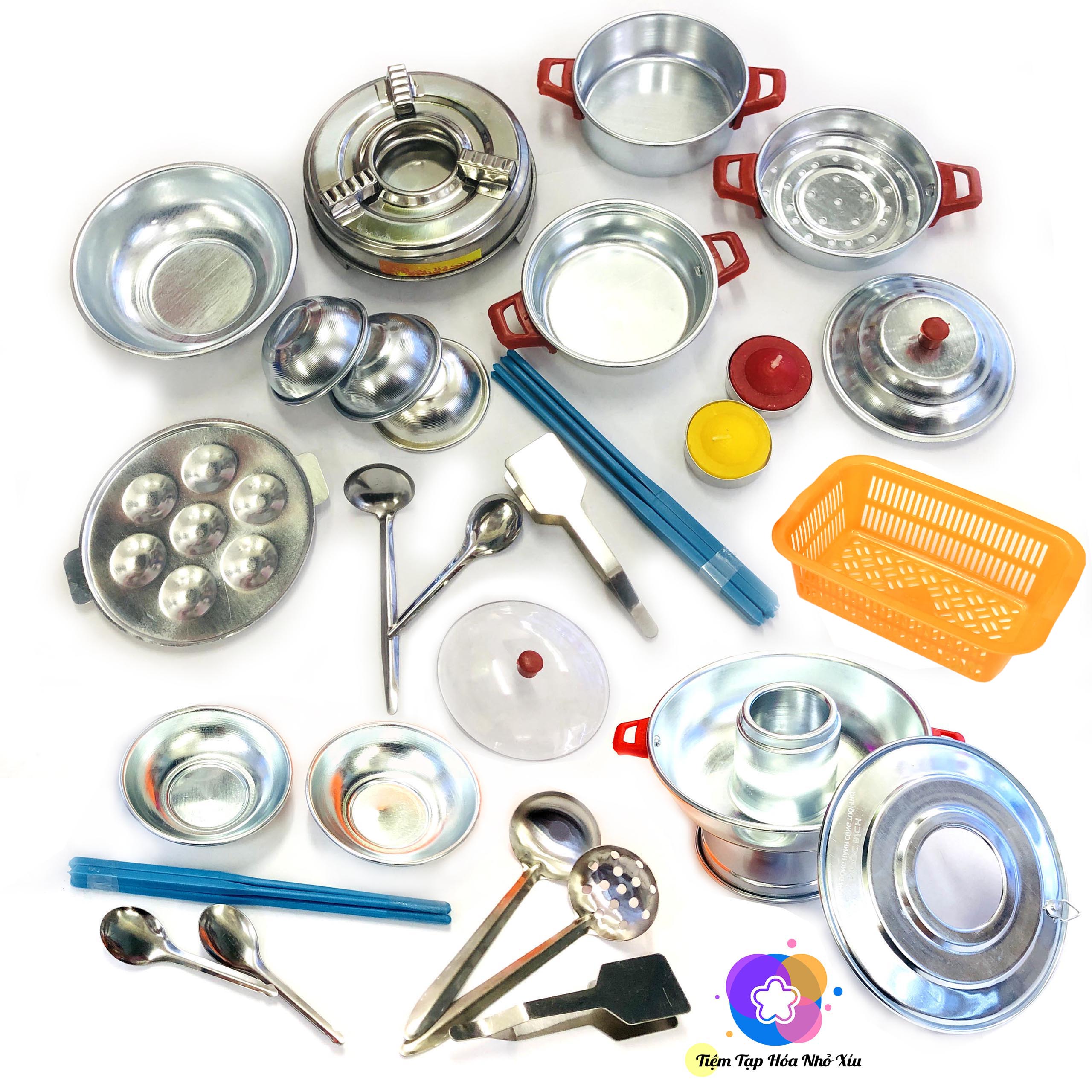 Đồ Chơi Nấu Ăn Bằng Nhôm Bộ Lớn 28 - 30- 34-37-41-48 Món Có Thể Nấu Ăn Thật Đồ Nấu Bếp Mini Nhiều Dụng Cụ Cho Bé Gái Kitchen Toy Tặng Kèm Nến Nấu Ăn