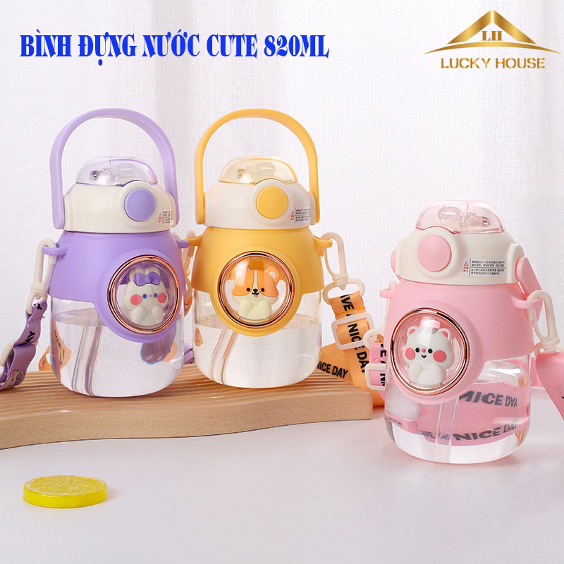 Bình nước cho bé đi học, Bình đựng nước dung tích lớn 820ml có tay cầm, dây đeo, Bình nước học sinh có ống hút, chất liệu cao cấp, thiết kế nhỏ gọn dành cho học sinh