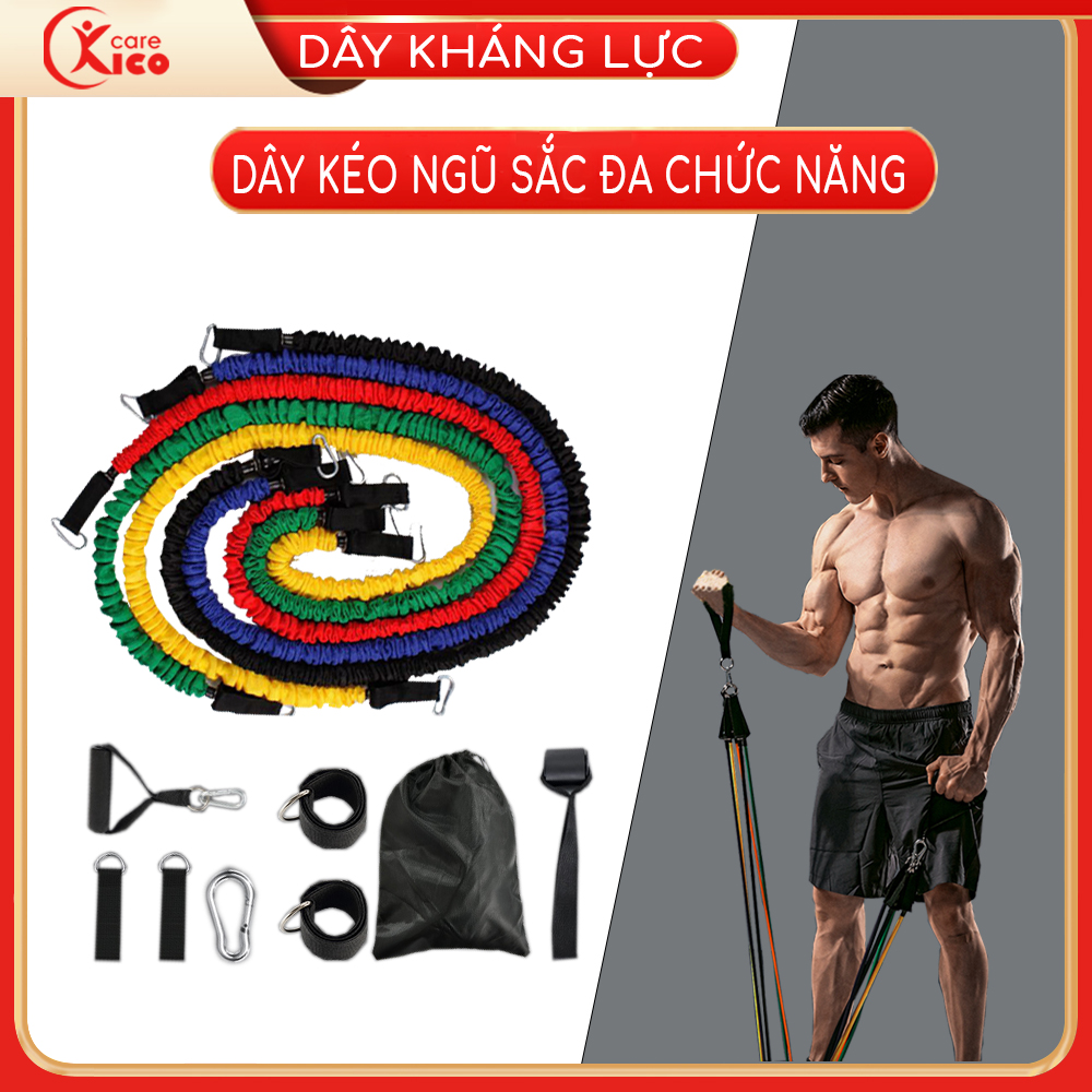 Bộ 5 dây ngũ sắc tập full body tại nhà - dụng cụ tập gym, dây tập thế thao tại nhà KICOCARE - T1 - D5MAU02