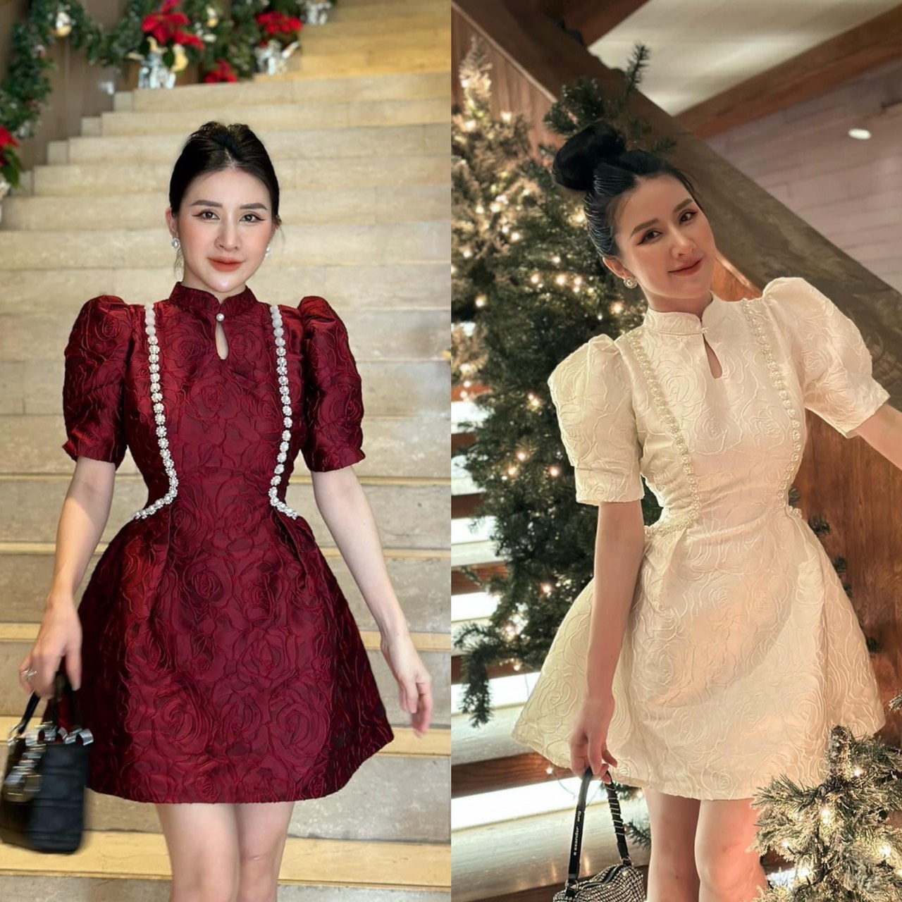 Đầm gấm cổ tàu giọt nước kết cườm dọc eo 2 màu💖 kèm ảnh thật