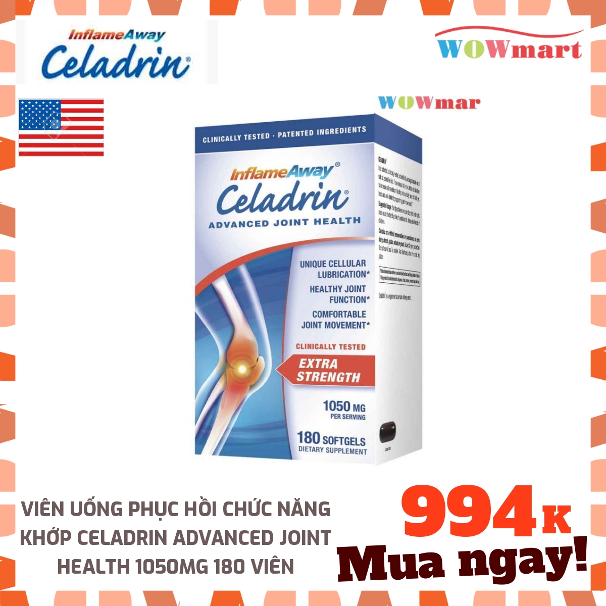Viên uống phục hồi chức năng khớp Celadrin Advanced Joint Health 1050mg 180 viên -