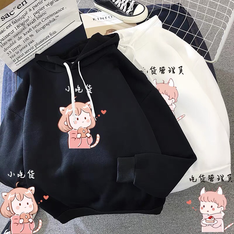 Áo hoodie đôi, set áo hoodie in hình cô, cậu bé tai mèo cute