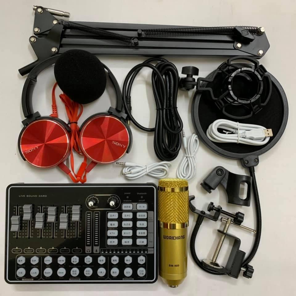 BỘ COMBO THU ÂM míc hát karaoke livestream online micro WOAICHANG BM-900 CARD H9 BLUETOOTH THẾ HỆ MỚI 21 HIỆU ỨNG tặng tai nghe 450 chân kẹp màng lọc BH 6 tháng