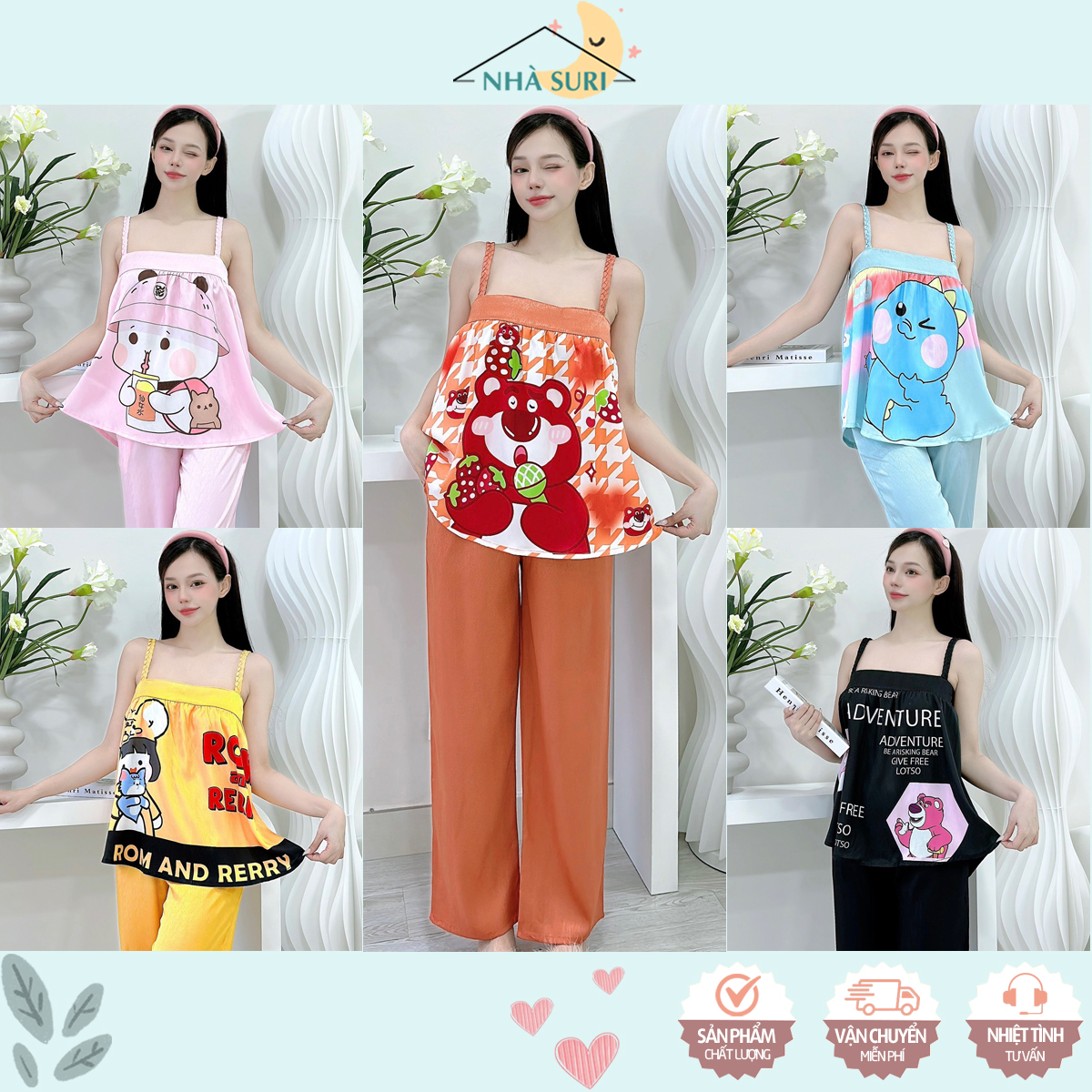 Đồ bộ 2 dây mặc nhà lụa xước thiết kế in cao cấp, chất vải sang trọng mềm mát
