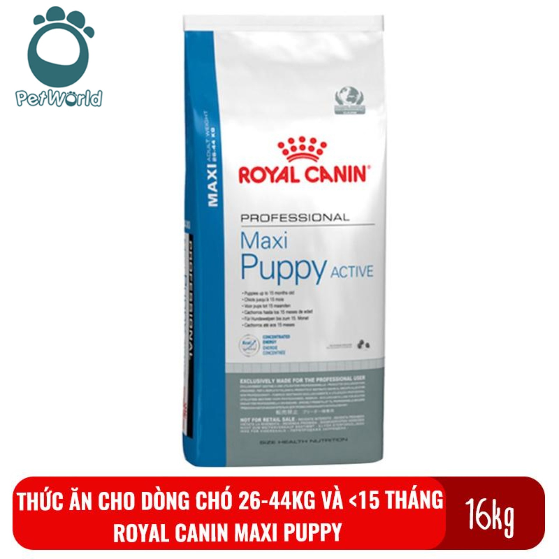 Thức ăn cho chó có cân nặng tối đa từ 26 - 44kg và dưới 15 tháng tuổi Royal canin Maxi Puppy bao 16kg