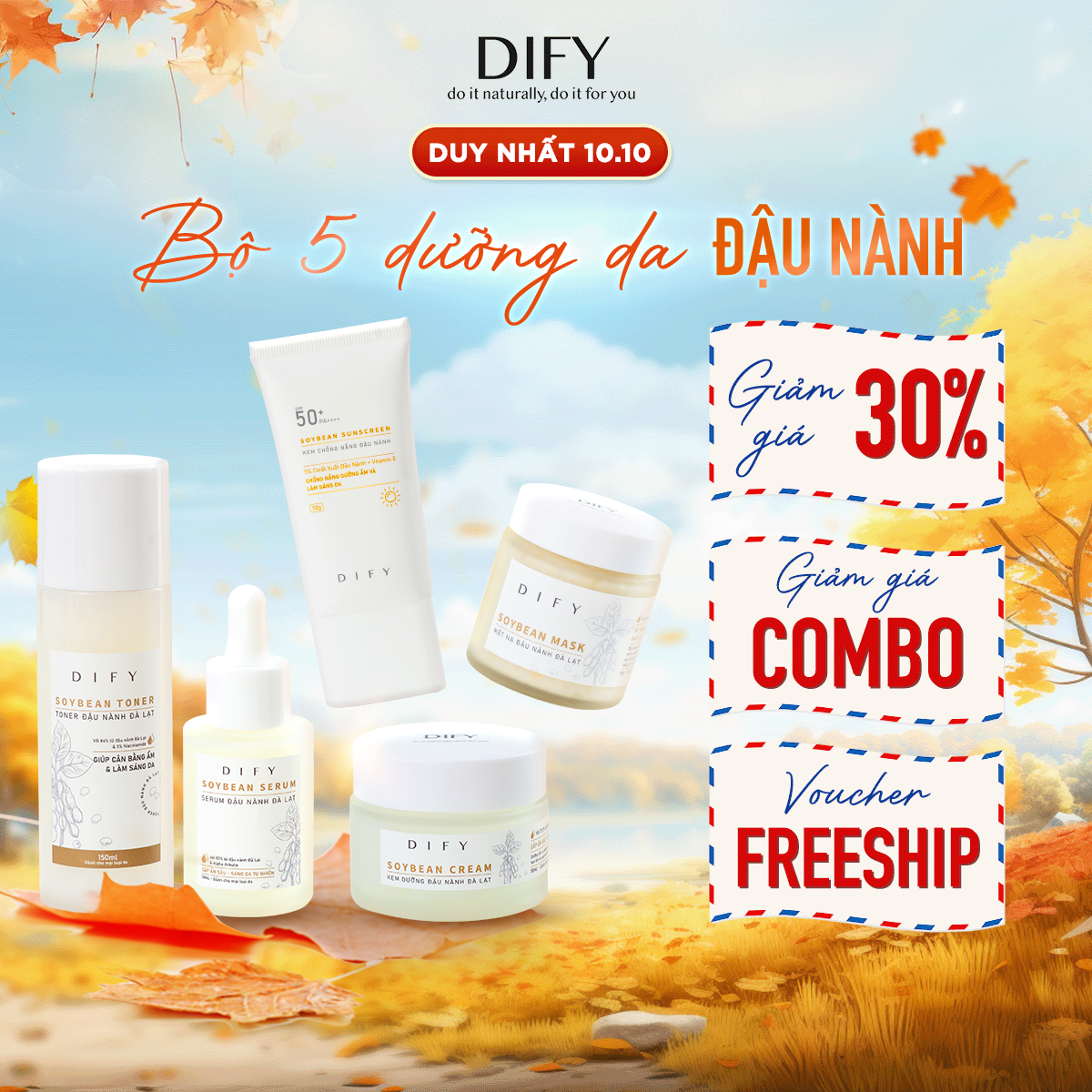 Bộ 5 sản phẩm DIFY đậu nành chăm sóc da toàn diện