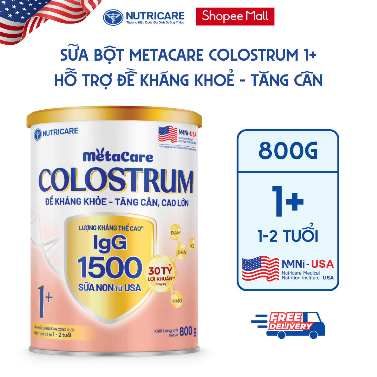 Sữa Bột METACARE COLOSTRUM 1+ Nutricare Tăng Cường Miễn Dịch Sức Đề Kháng Bé Từ 1-2 Tuổi Với Sữa Non IgG 1500+ 800G