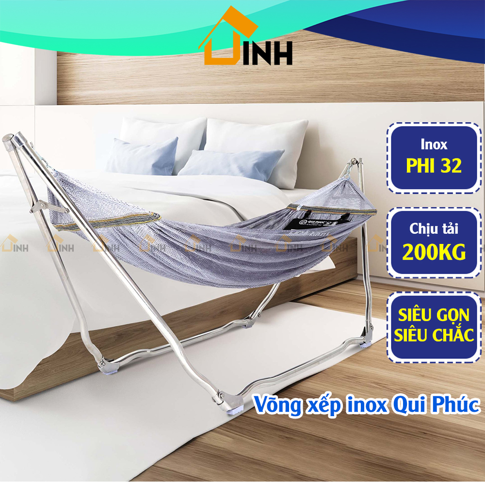 Võng xếp inox cao cấp Deli Lani Qui Phúc chịu tải 200Kg, giá võng inox có lưới tặng kèm gối nằm