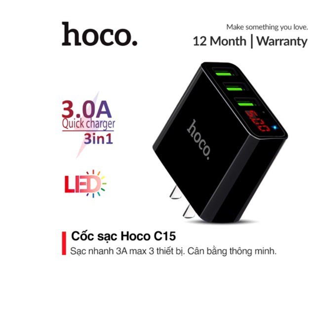 Củ sạc 3A Hoco C15 màn hình Led báo sạc , hỗ trợ sạc 3 thiết bị cùng lúc tương thích với mọi thiết bị
