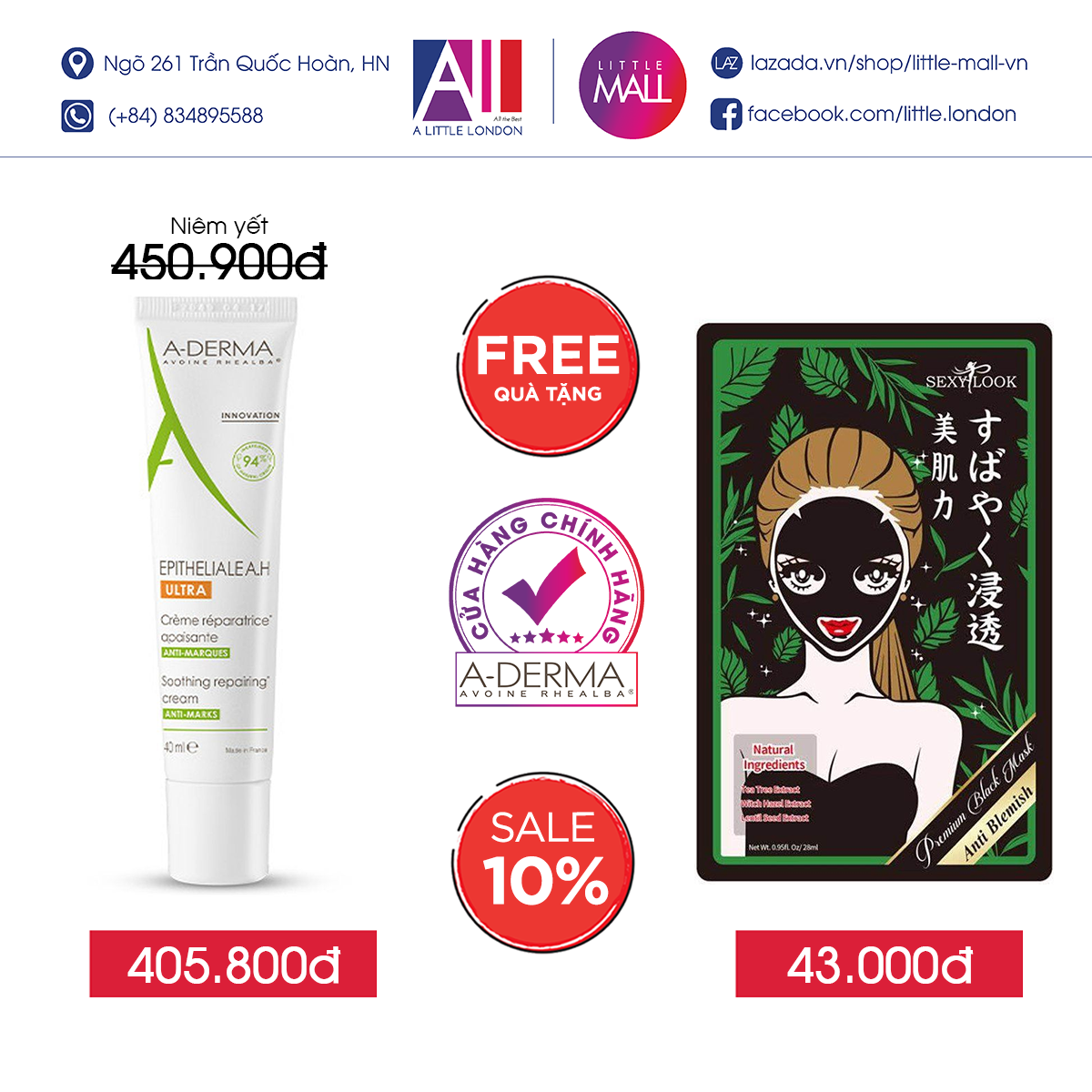 Kem giúp tái tạo chống thâm liền sẹo da tổn thương A-Derma epitheliale a.h duo ultra-repairing cream TẶNG mặt nạ Sexylook (Nhập khẩu)