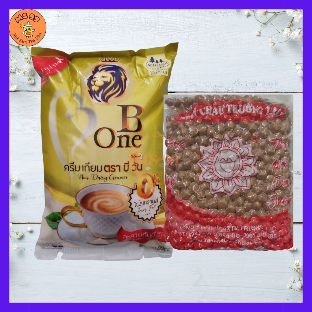 Combo 1 gói trân châu đen và 1 gói bột béo b-one/nguyên liệu làm trà sữa/MS99
