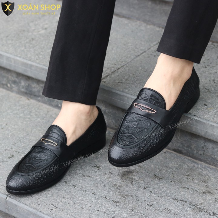 GIÀY LƯỜI NAM CÔNG SỞ DẬP VÂN CÁ SẤU ĐAI KHOÉT ĐẾ PHIP CAO 3CM MÃ X091-3 MÀU ĐEN