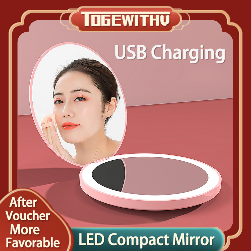 Gương led nhỏ gọn, gương trang điểm du lịch có đèn gương bỏ túi 2 mặt cầm tay phóng đại 1x/2x