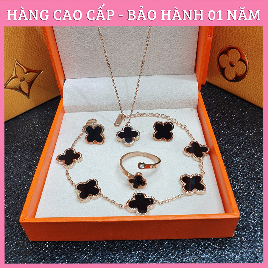 Bộ trang sức cỏ 4 lá may mắn, titan cao cấp ko đen cb01 màu vàng hồng