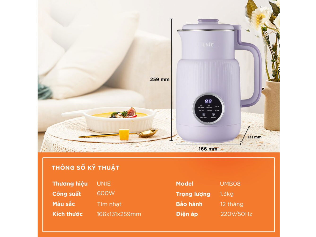 Máy làm sữa hạt mini, Máy xay sữa hạt đa năng Unie UMB08 600ml công suất 600W 5 chức năng bảo hành 12 tháng chính hãng