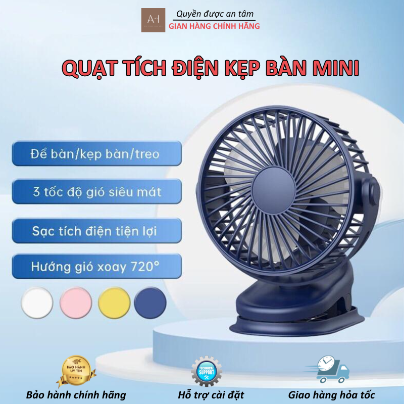 Quạt mini tích điện để bàn cực mát, quạt tích điện mini kẹp bàn, quạt kẹp xoay 720 độ chắc chắn cho dân văn phòng