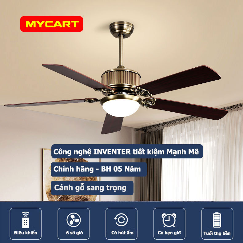 Quạt trần INVENTER kiêm đèn trang trí CHÂU ÂU êm ái tiết kiệm điện 6 chế độ gió kiêm hút ẩm, LED 48W 3 chế độ bảo hành 5 năm - CÁNH GỖ
