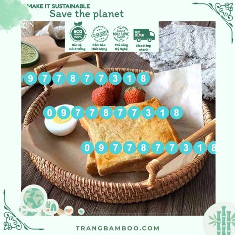 Khay mây hình tròn có tay cầm, trưng bày món ăn, decor, chụp hình, phụ kiện bàn ăn, khay decor