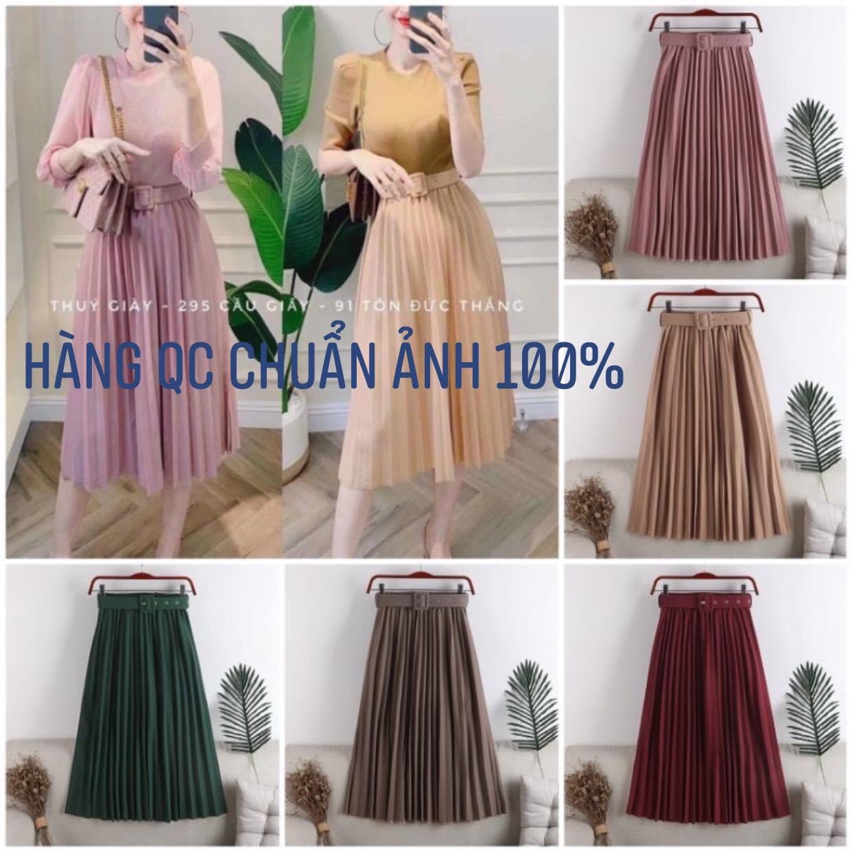 Chân váy xếp ly dài nhiều màu kèm đai