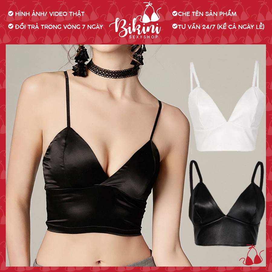 👙❣️ Áo bra nữ 2 dây lụa phi bóng khuy lưng có đệm ngực freesize màu đen/ trắng Bra017