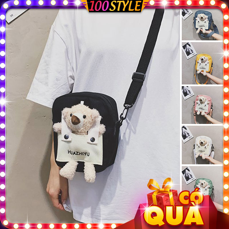 Túi vải tote dáng hộp đứng phối gấu bông korea style - 100style