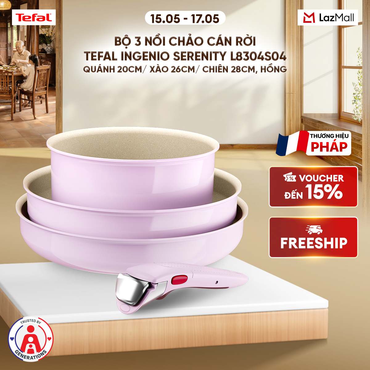 Bộ 3 nồi chảo cán rời Tefal Ingenio Serenity L8304S04, quánh 20cm/ xào 26cm/ chiên 28cm, hồng pastel