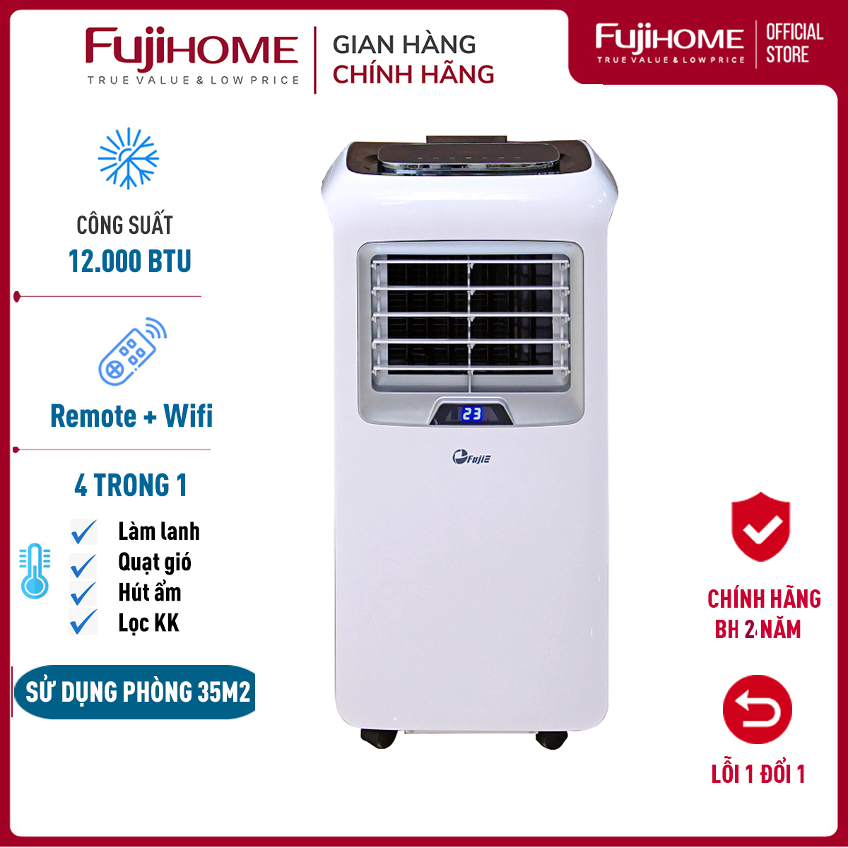 Điều hòa cây đứng di động 12.000 BTU FUJIE, máy lạnh di động mini điều khiển từ xa, qua App, đa năng hút ẩm lọc không khí, không cần lắp đặt - Chính hãng bảo hành 2 năm