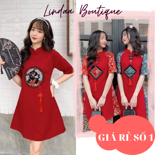 Đầm đỏ sườn xám phối gấm hoa cao cấp