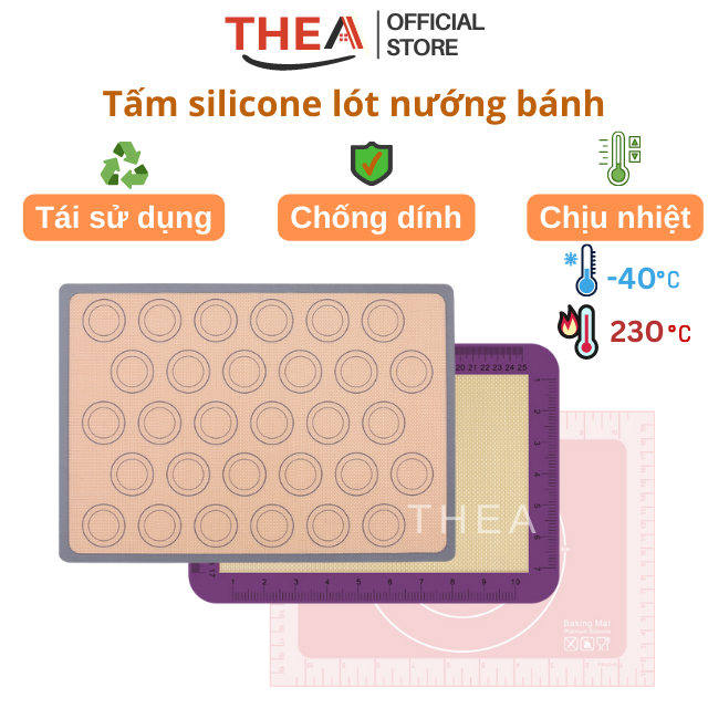Thảm silicon nướng bánh chống dính chịu nhiệt cao, tấm lót silpat silicone nướng bánh chịu nhiệt 42x29.5, 30x21cm - THEA