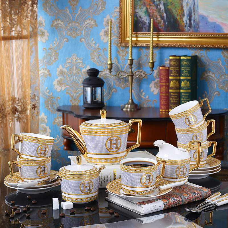 Bộ ấm tách trà chiều kiểu anh hermes bone china, họa tiết hermes