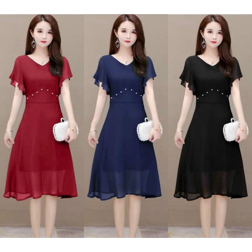 Đầm dự tiệc voan lụa viền ngọc sang trọng