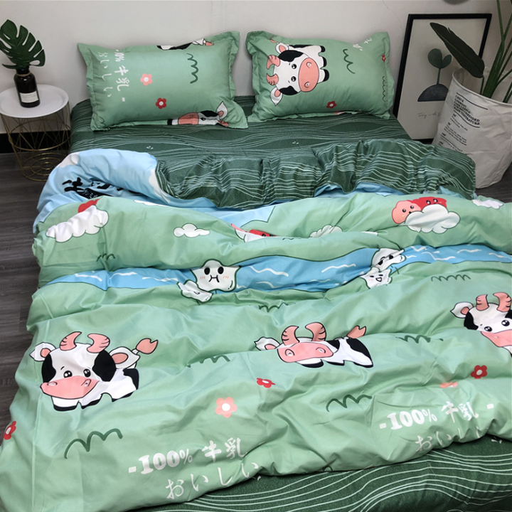 Set 4 món chăn ga gối cotton poly nhập mẫu bò sữa xanh