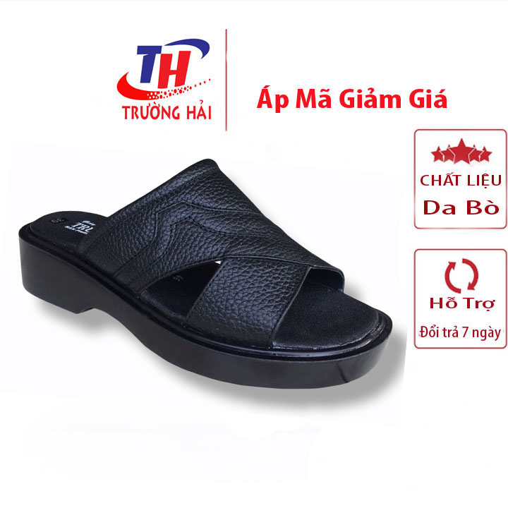Dép nam Trường Hải Quai ngang da bò đen cao cấp đế PU siêu nhẹ QN743 FORM DÉP NHỎ HƠN 1 SIZE