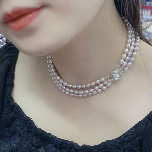 Vòng cổ chocker ngọc trai thật nước ngọt xoài 4li ánh tím bóng đẹp 3 tầng khóa hoa hồng trẻ trung thanh lịch