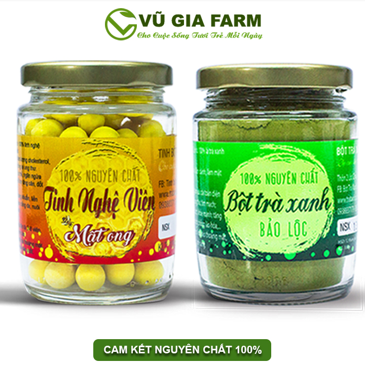 Combo Tinh Nghệ Viên Mật Ong + Bột Trà Xanh - Nguyên Chất Vũ Gia - Hỗ trợ dạ dày, tiêu hóa, đắp mặt nạ dưỡng da, tẩy tế bào chết, phục hồi da tổn thương sau mụn - Đã được kiểm nghiệm y tế