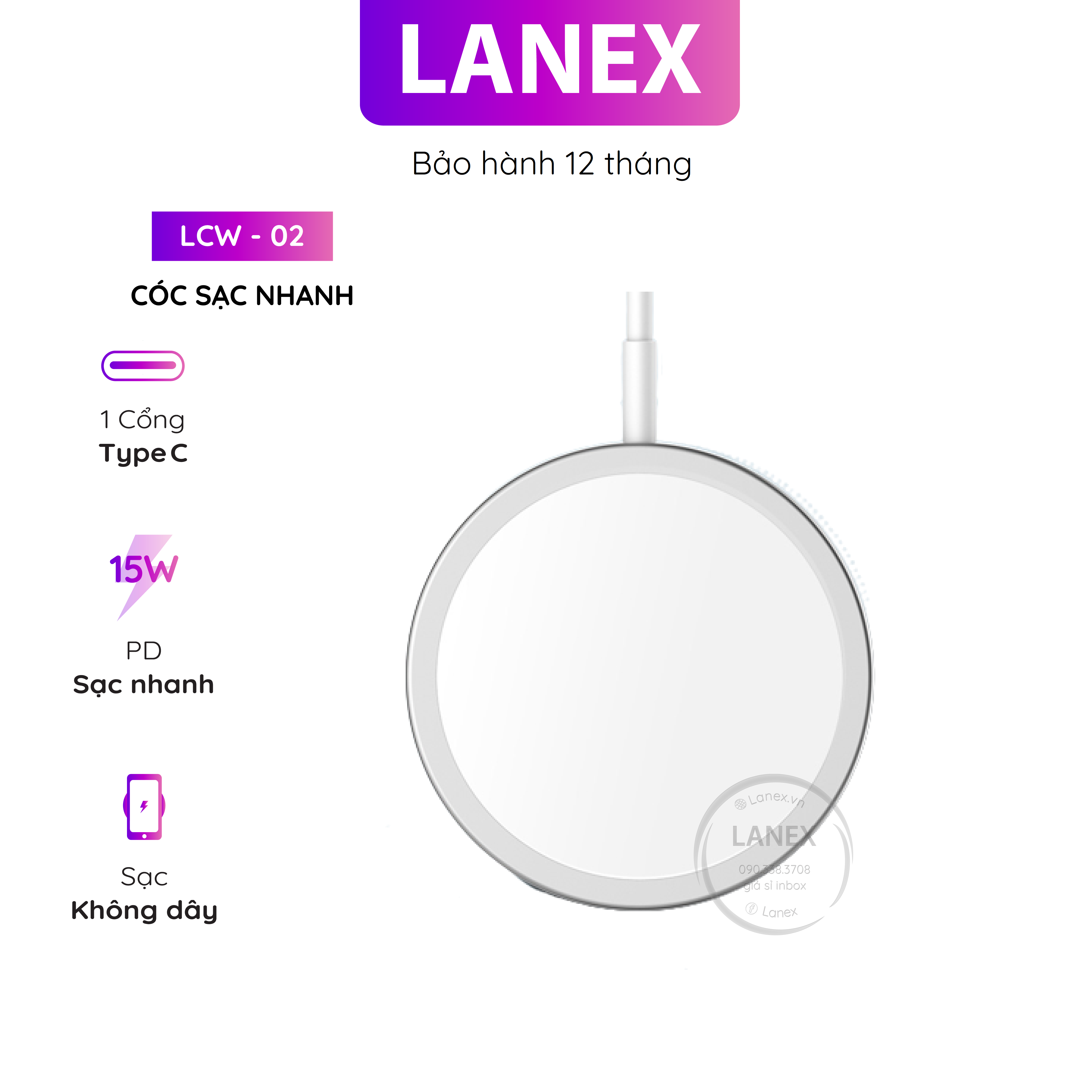 Cóc Sạc Nhanh Lanex Lcw - 02 Đế Không Dây Type C 15w Dài 1.0m