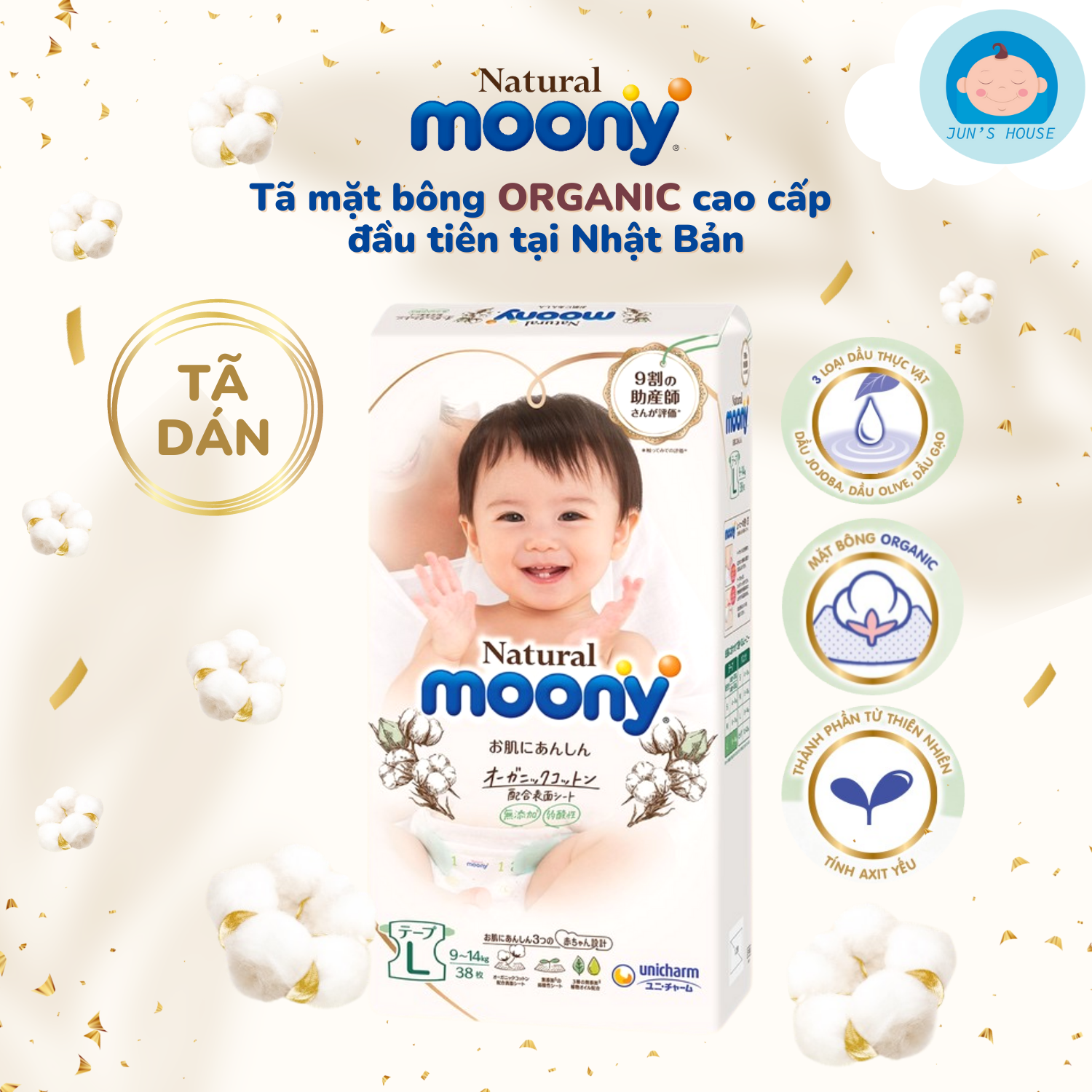 Tã bỉm dán moony natural nội địa nhật size s58 m46 l38