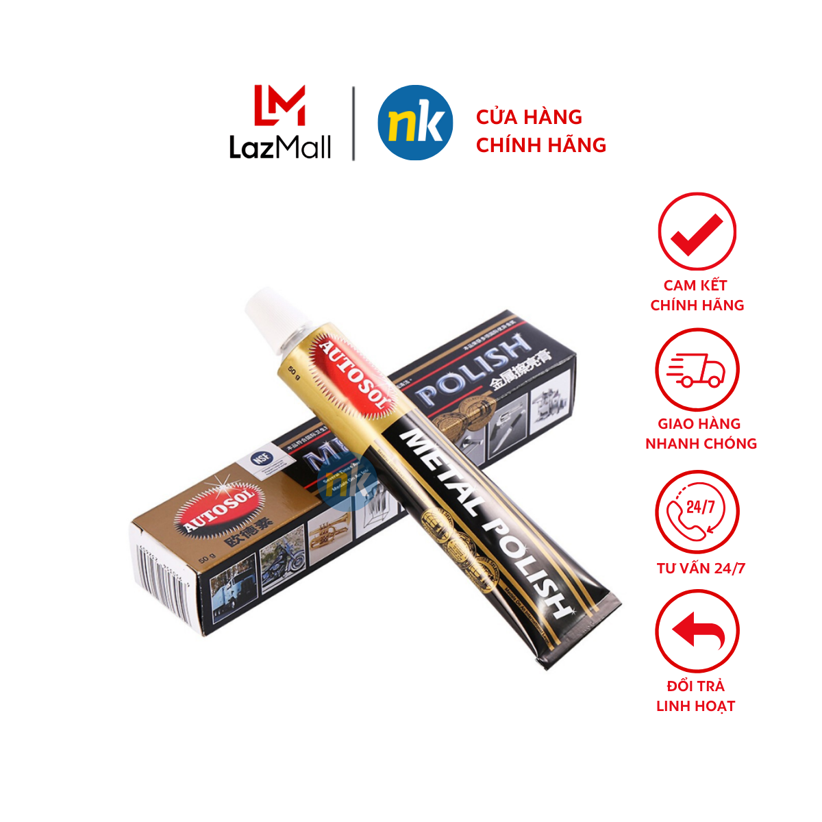 Tuýp kem, sáp đánh bóng kim loại Autosol Metal Polish 50g -  đánh bóng sơn inox, nhôm, lư đồng, viền điện thoại