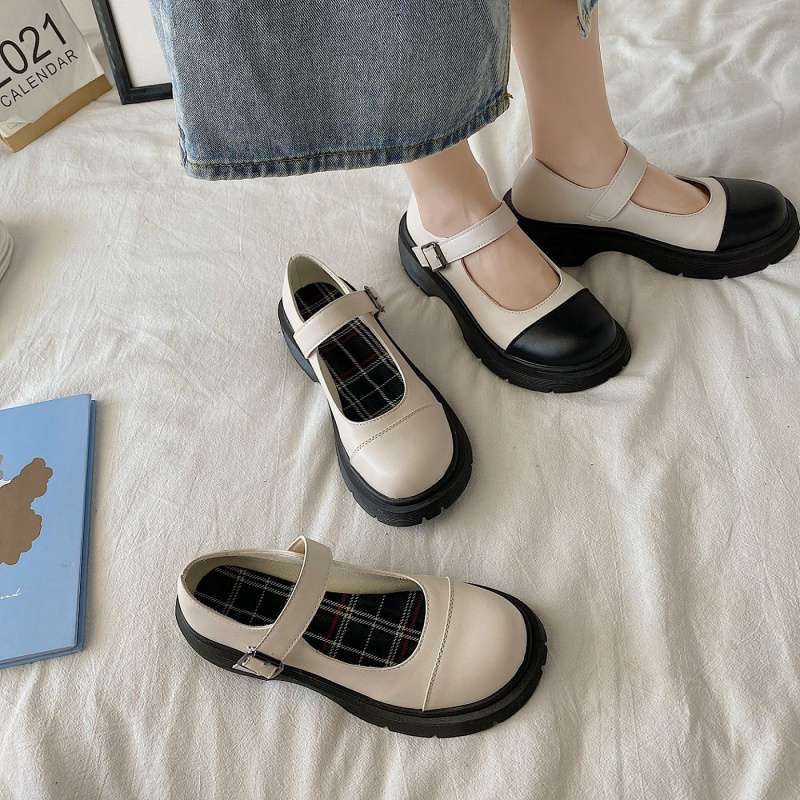 Giày nữ ulzzang giày búp bê quai ngang hai màu trắng đen kết hợp vải lót kẻ caro