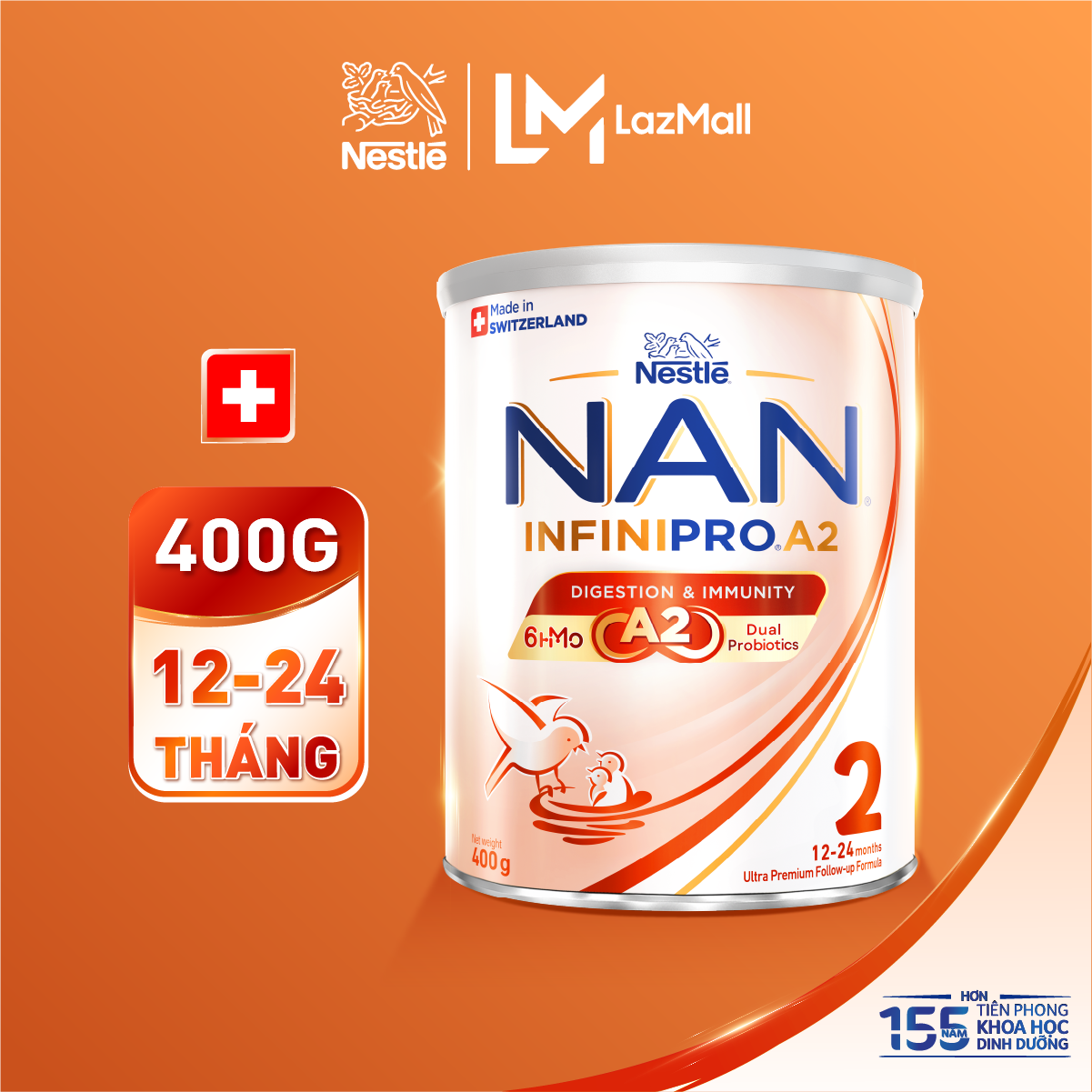 Sữa bột Nestlé NAN INFINIPRO A2 bước 2 400g nhập khẩu Thụy Sĩ  với công thức đầu tiên chứa đạm A2 6HMO  Lợi khuẩn kép