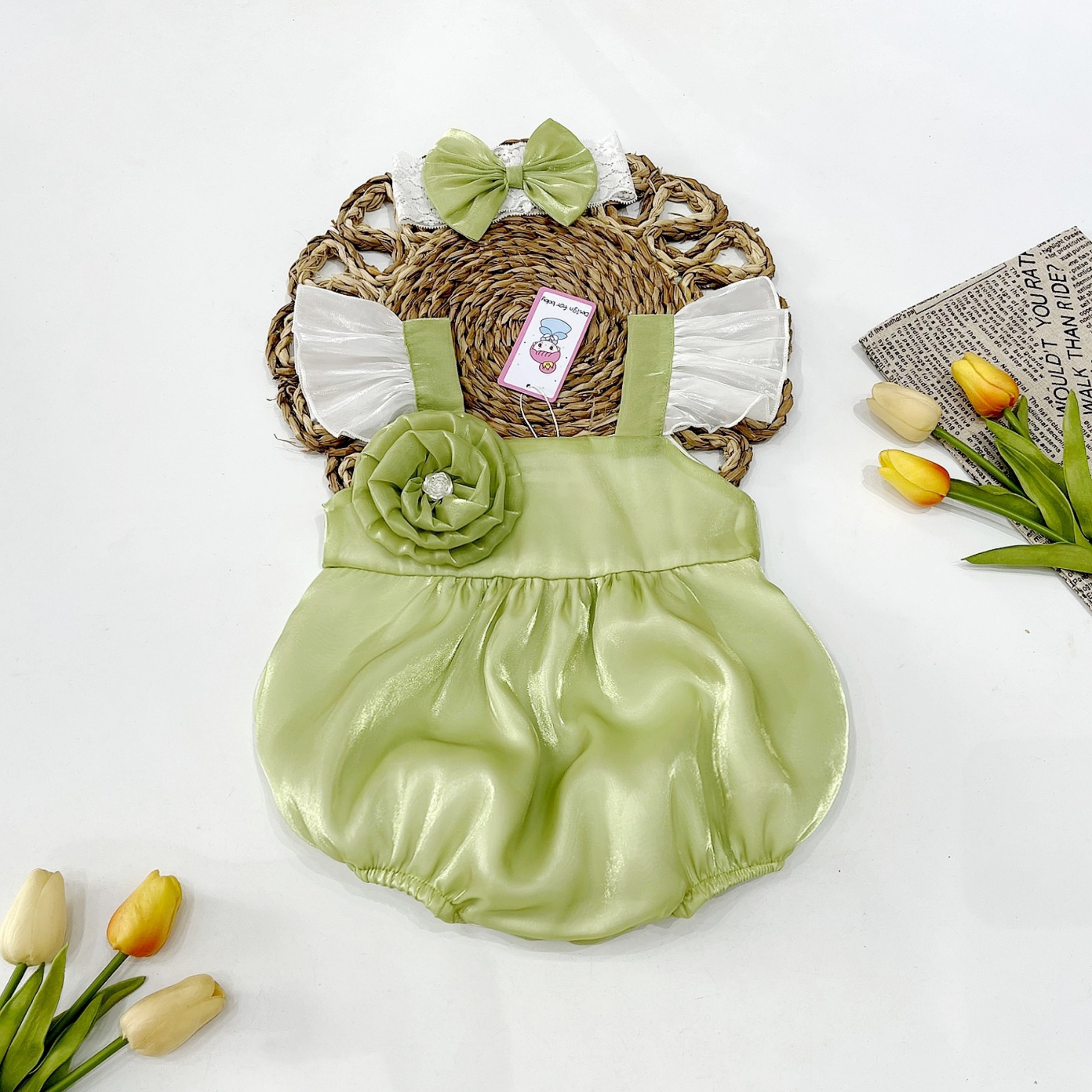 Body sơ sinh bé gái xanh bơ chất vải tơ Organza mềm mại thiết kế tặng kèm tuban nơ rất cưng cho bé gái 3kg đến 12kg-B061
