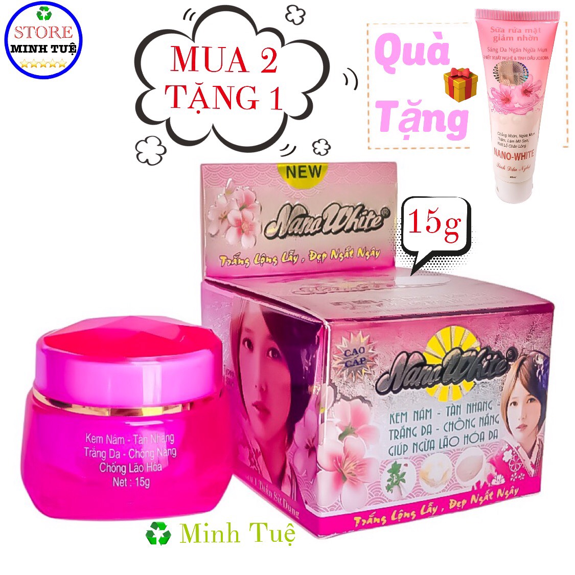 [HCM]Kem nám Nano White tàn nhang, trắng da, chống nắng  ngừa lão hóa da chiết xuất từ ngọc trai và sâm trắng (15g), mua 2 hộp kem tặng kèm 1 chai sữa rửa mặt Nano White (80ml)