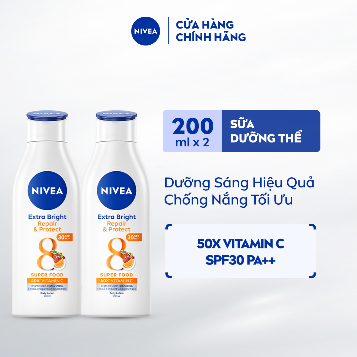 Bộ 2 Sữa Dưỡng Thể NIVEA Extra Bright Phục Hồi  Chống nắng(200ml x2) - 88310x2