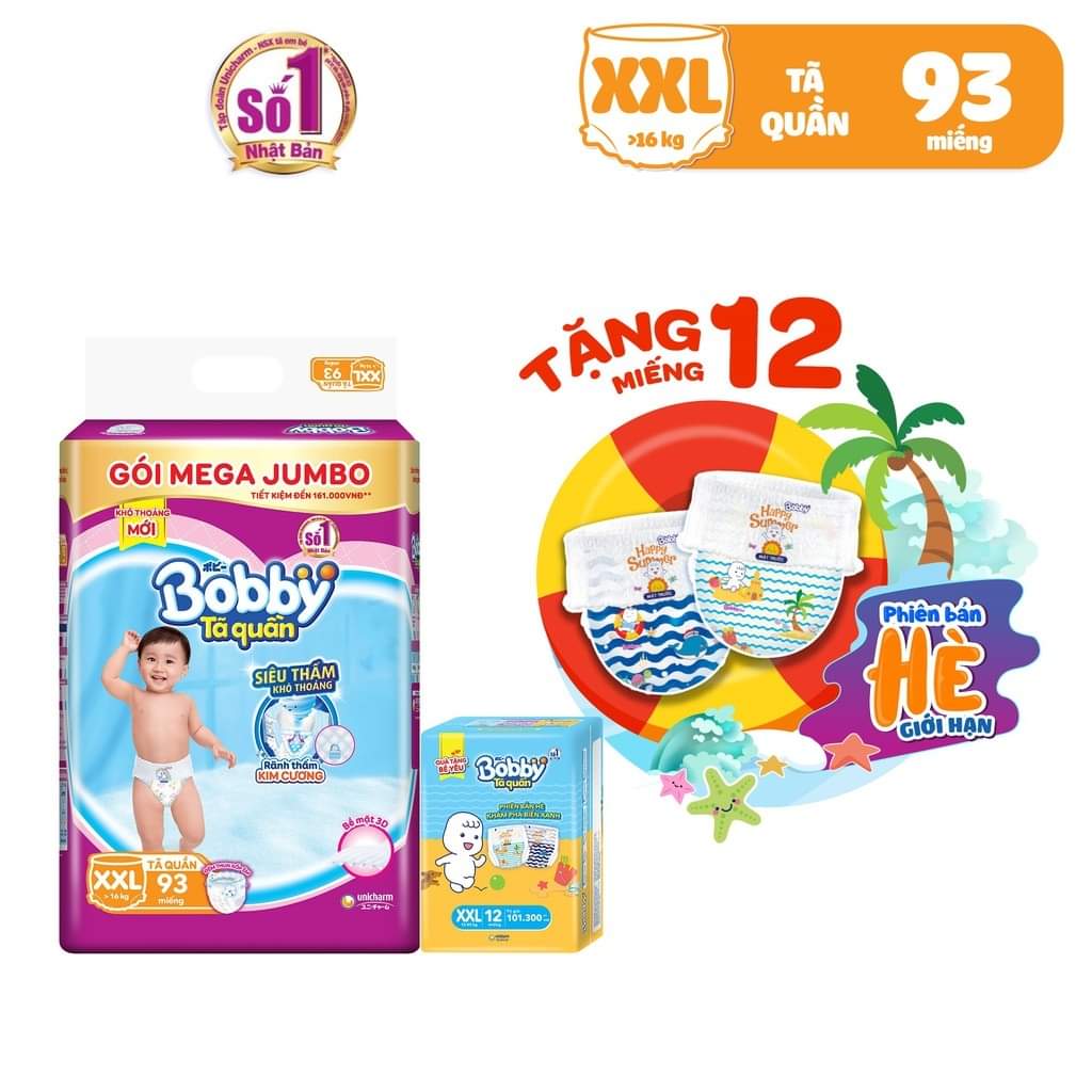 Tã bỉm quần bobby siêu thoáng bịch mega jumbo xxl93 hsd: 04/2024