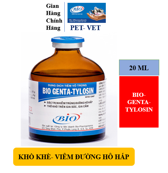 BIO-GENTATYLOSIN chai 20ml.Chó, mèo, heo, gà nhiễm trùng đường hô hấp, tiêu chảy
