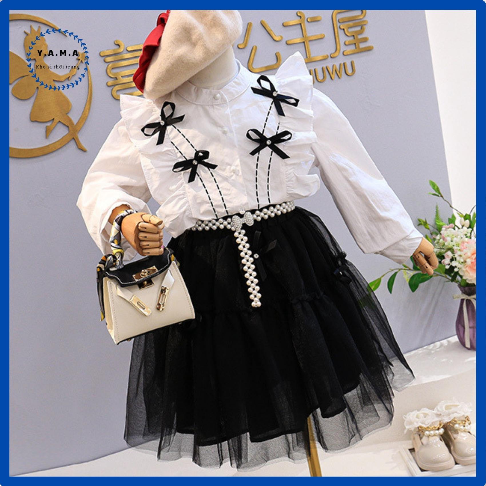 ( Sang chảnh ) Set váy bé gái YAMA VB04 hoạ tiết nơ, nhún bèo 2 bên vai sang trọng và dễ thương cho bé gái